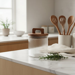 Glasskrukke med lokk i tre – 10×13 cm, 550 ml med kjeks