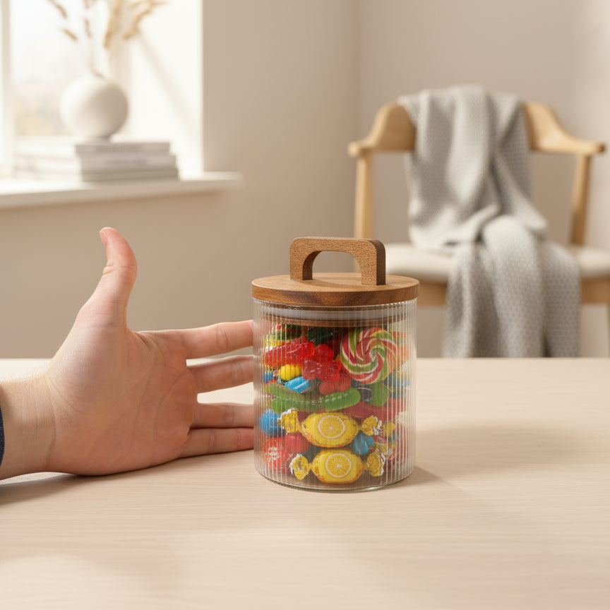 Oppbevaringskrukke i glass med trelokk og håndtak