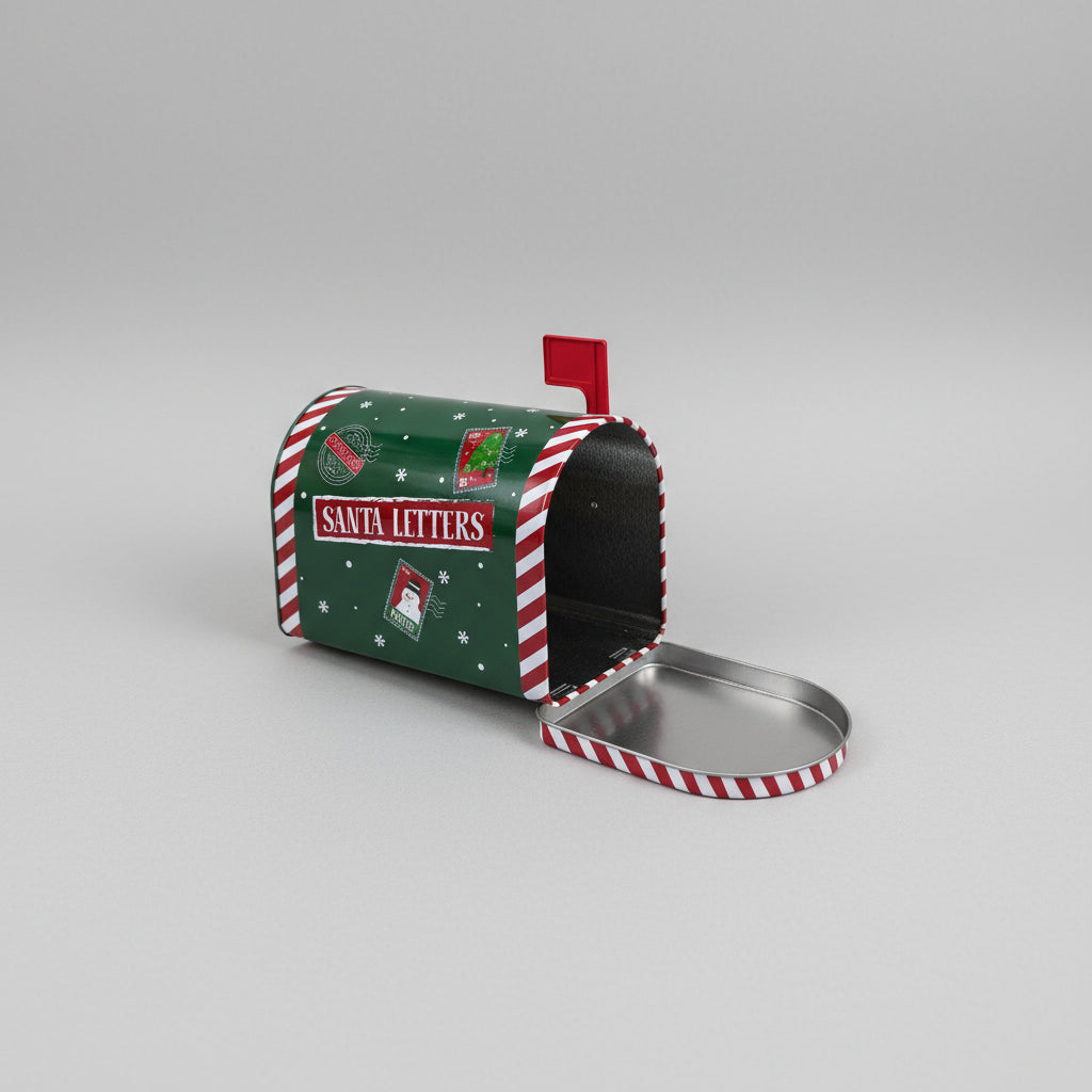 Stor grønn og rød julepostkasse i metall brukt som borddekorasjon