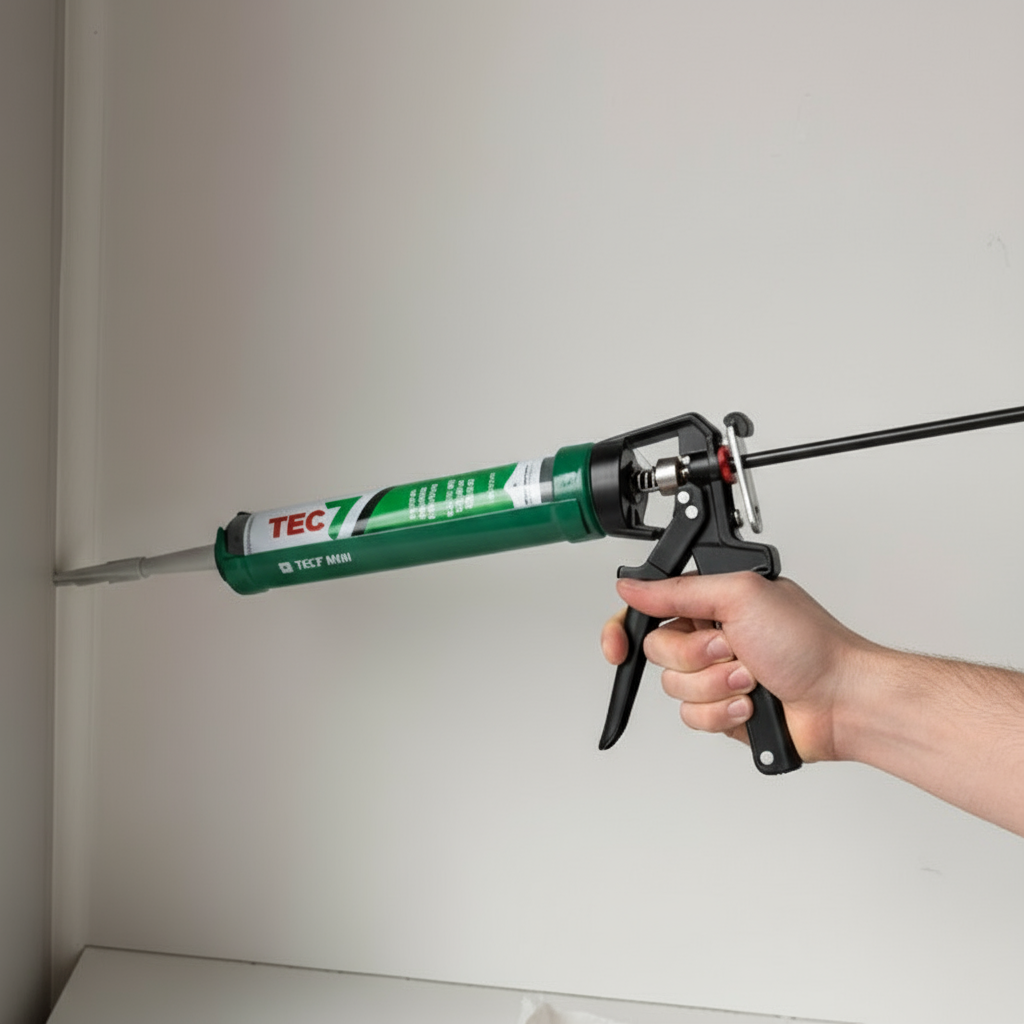 Person påfører fugemasse med TEC7 fugepistol fra Lindas Dekor, ideell for presis tetting og liming.