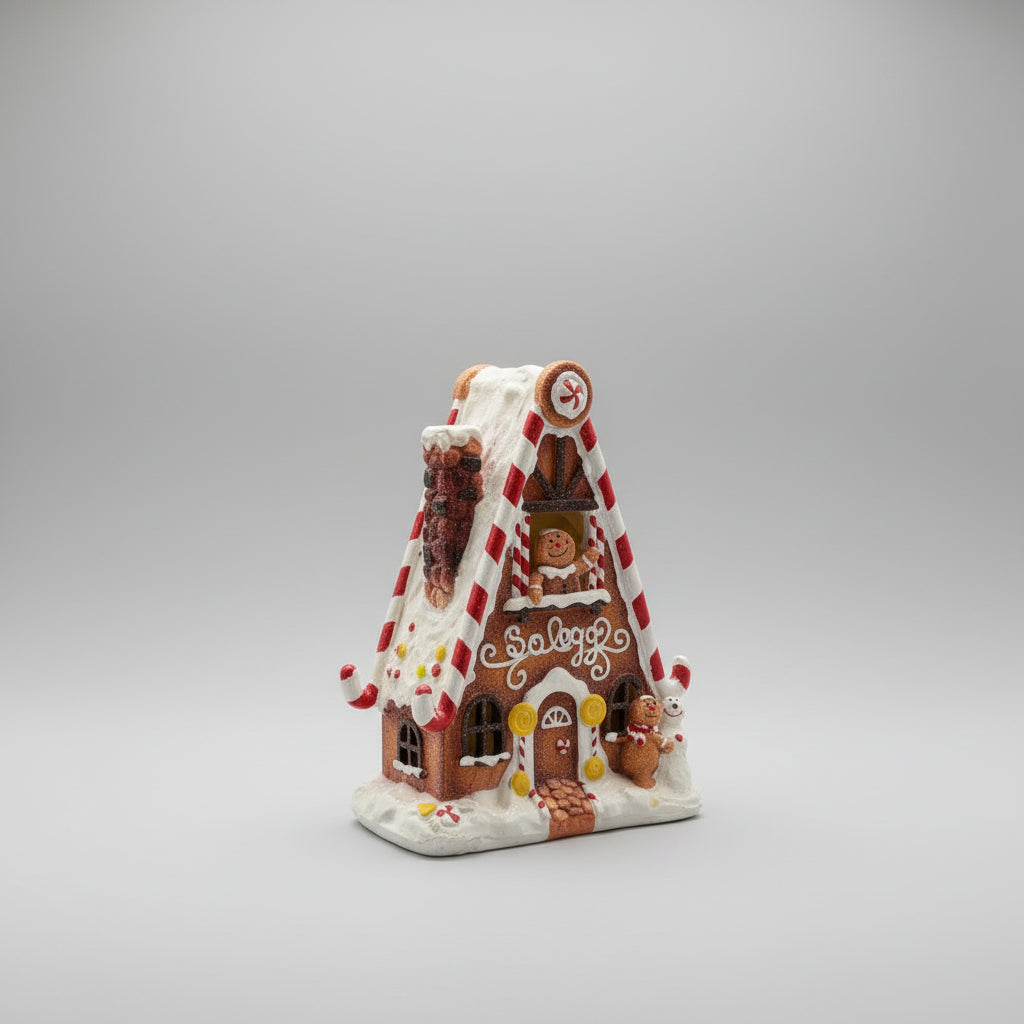 Klassisk pepperkakehus i resin - nostalgisk juledekorasjon med glitrende detaljer