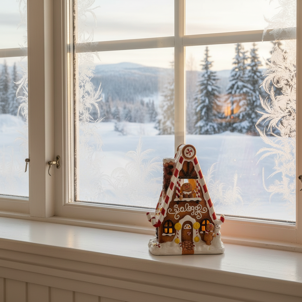 Dekorativt pepperkakehus med glitter - klassisk julepynt i resin 15x19x10 cm