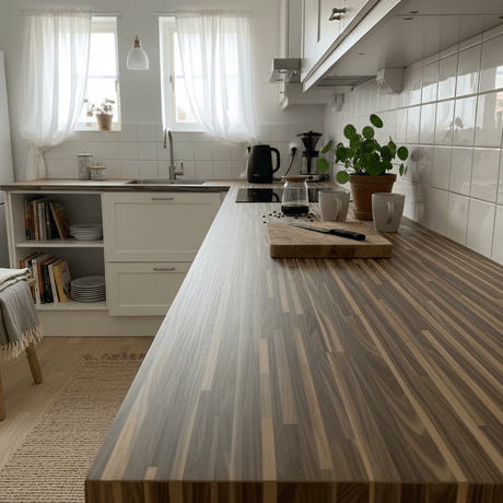 Nærbilde av Birmingham brun kontaktplast med rik brun overflate og premium finish