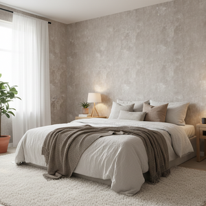 Limewash beige kontaktplast brukt som tapet på soverom. Lyn behagelig farge