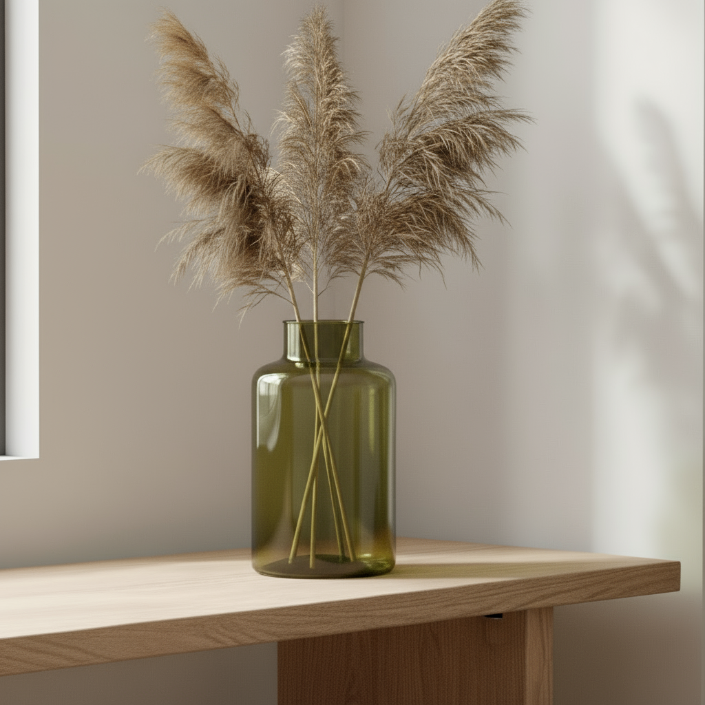 Grønn dekorvase i resirkulert glass med pampasgress, plassert på bord i naturlig lys – moderne interiør fra Lindas Dekor.