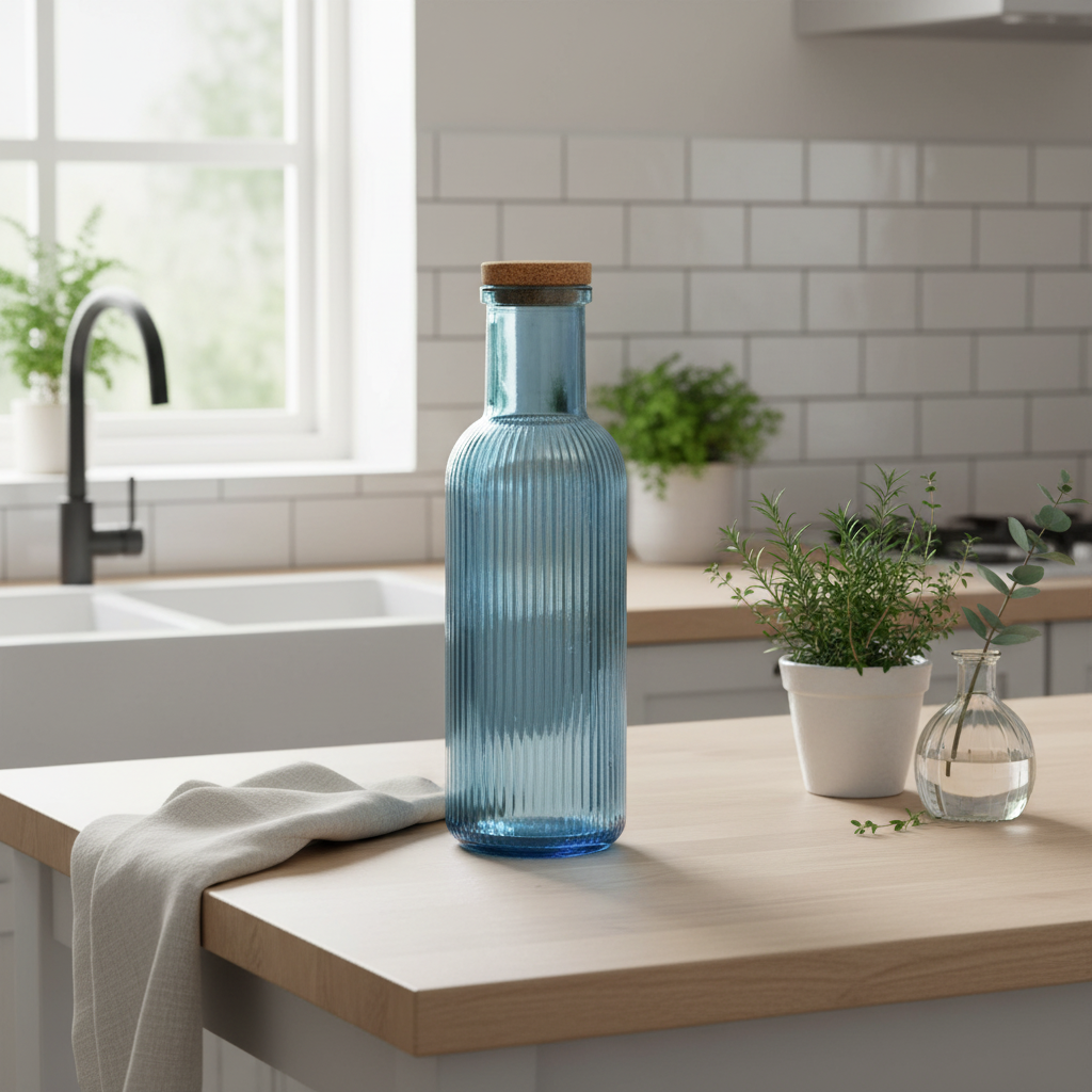 Glassflaske blå 1 liter med kork 28cm - elegant oppbevaring