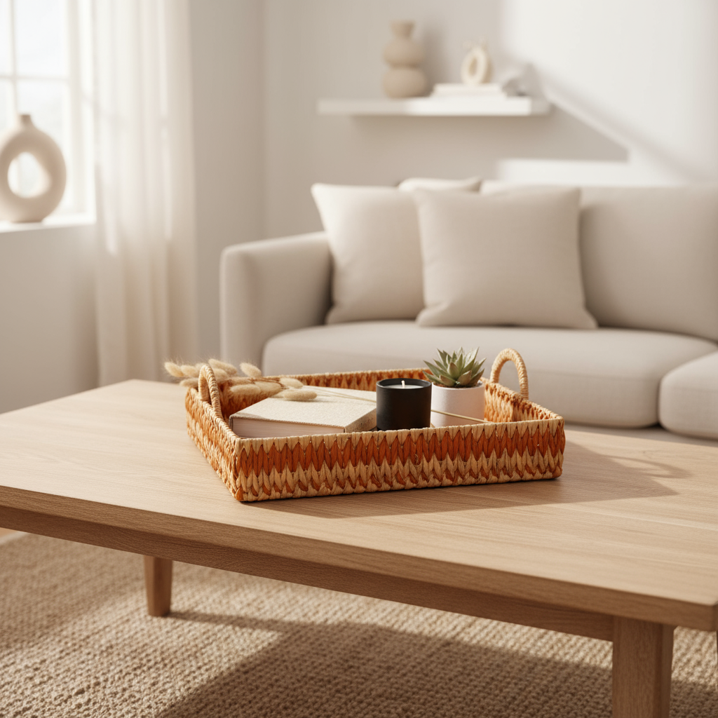 Rektangulært brett i naturmateriale med lys og kopp fra Lindas Dekor