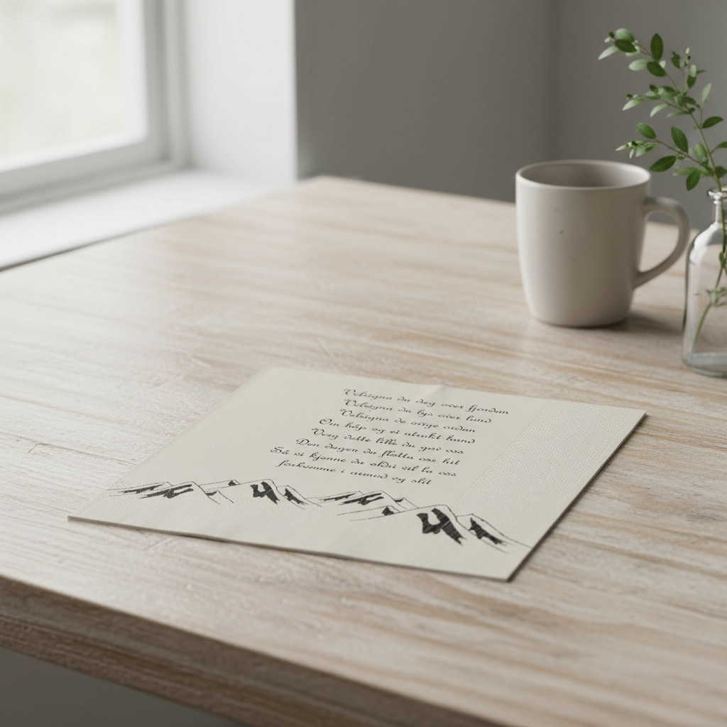 Nydelig og elegant serviett med tekst fra nordnorsk julesalme.  bord, stue