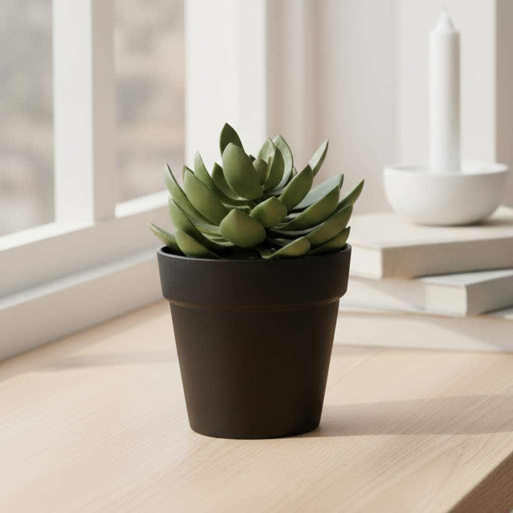 Kunstig sukkulent i sort potte på vinduskarm fra Lindas Dekor