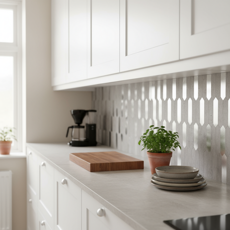 "Stein lys grå hexagon selvklebende veggfliser med steinstruktur og metalliske detaljer