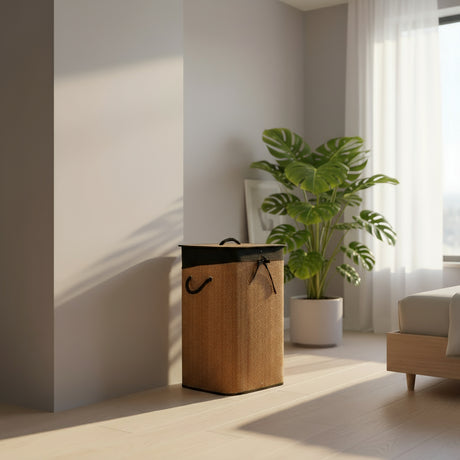 Skittentøyskurv i bambus med sort linpose – 40×30×60 cm