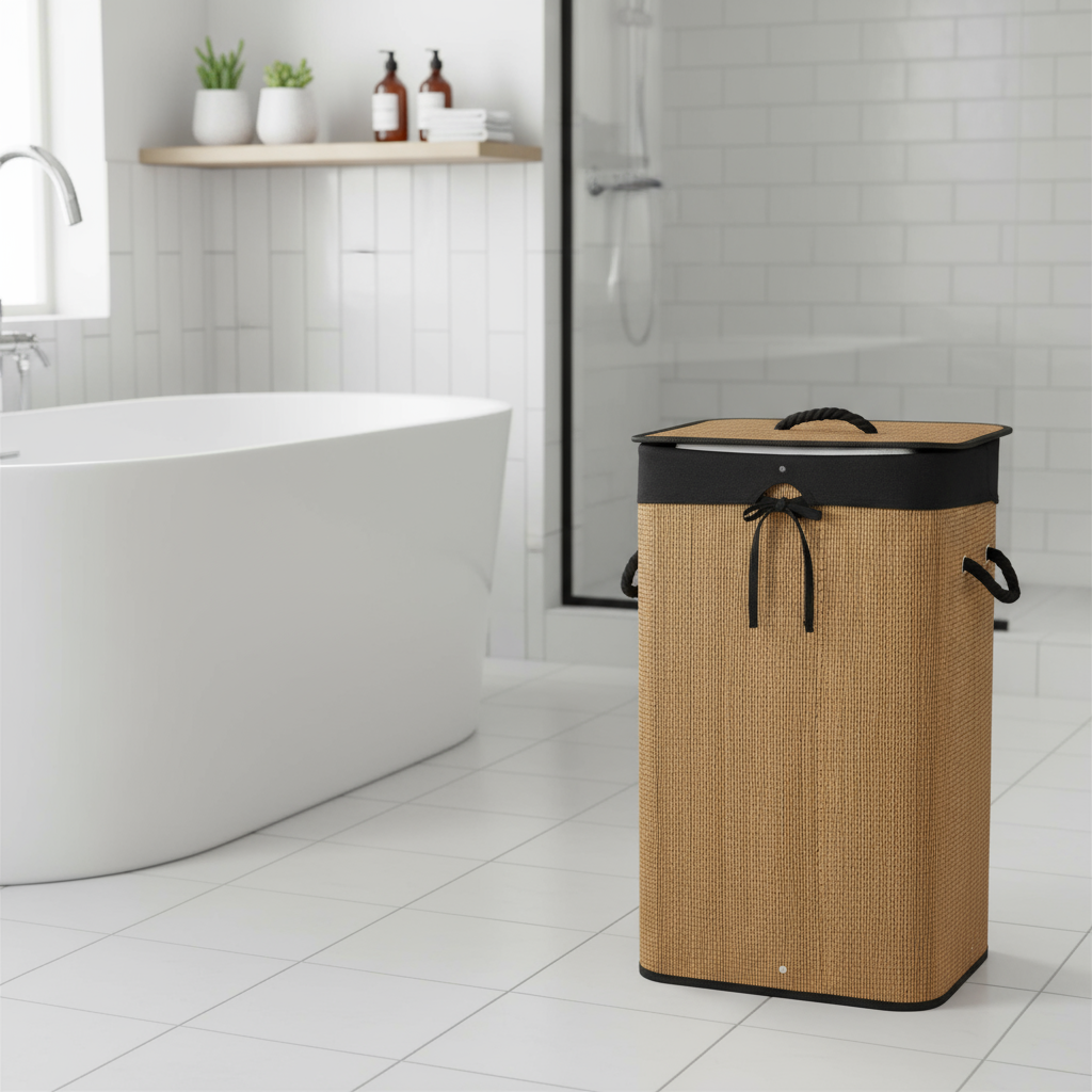 Bambus skittentøyskurv med sort innvendig stoff – 40×30×60 cm