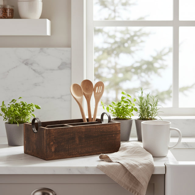 Krydderboks i mørkebrunt tre med tre rom og metallhåndtak. Produktet er vist på hvit bakgrunn med mål: 31 × 17 × 14 cm markert med piler.