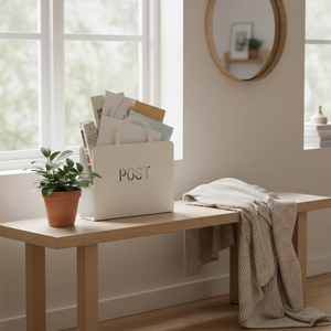 Hvit dekorativ metallbag med håndtak, moderne design.