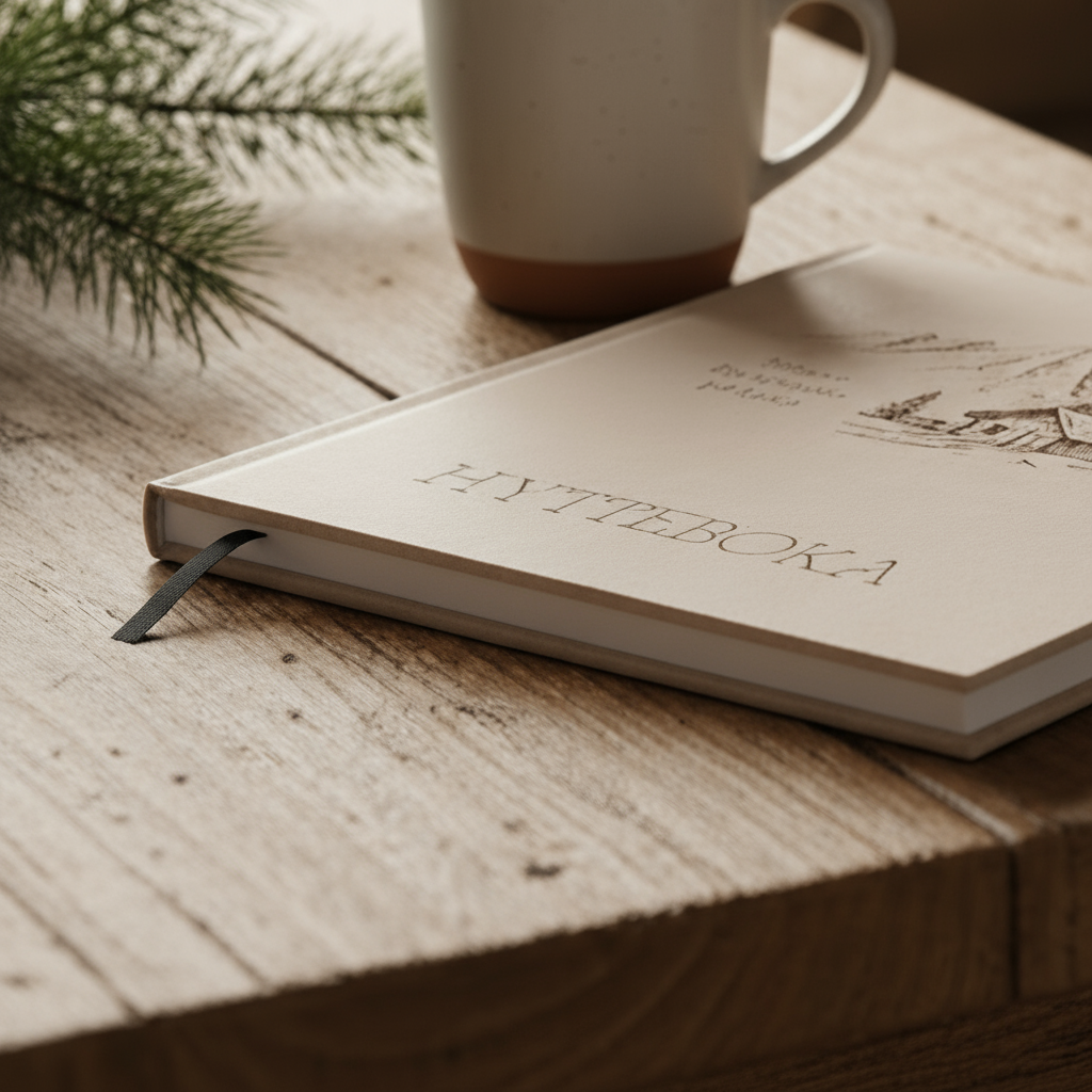 Nærbilde av hyttebok med fjellmotiv og preget tekst på omslag.