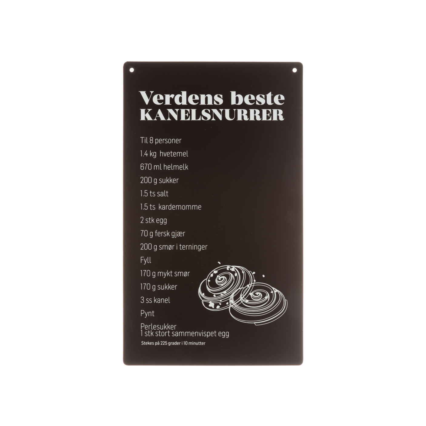 Avlangt metallskilt med oppskrift på kanelsnurrer