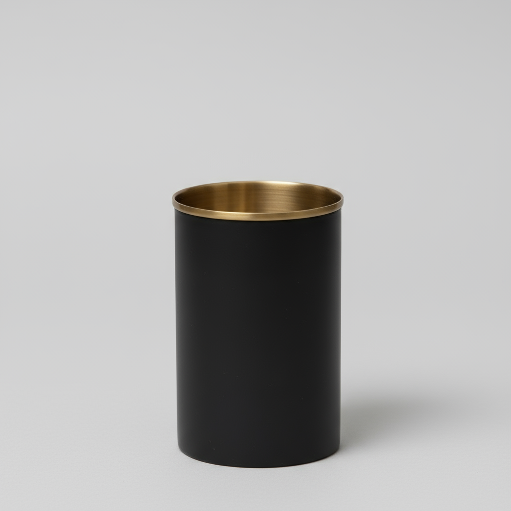 Sort og gull tannbørsteholder i metall fra Halvor Bakke