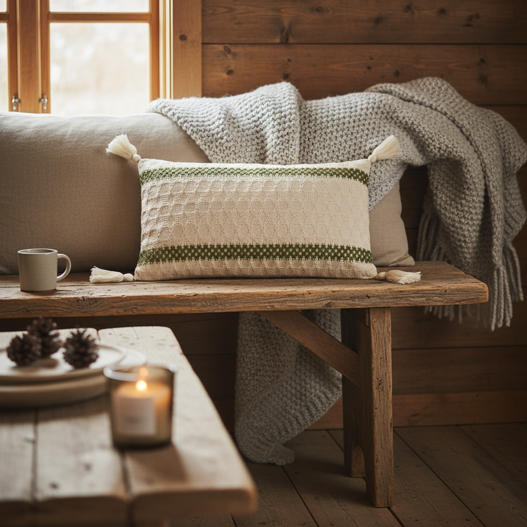 Rektangulært putetrekk med vevd struktur i bomull, lin og polyester