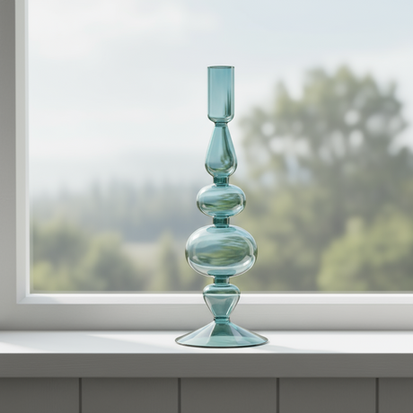 Høy blå lysestake i glass til kronelys