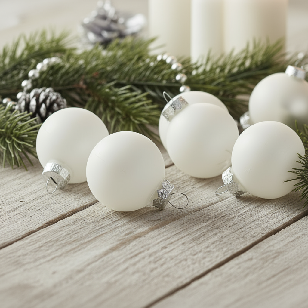 24-pk julekuler i matt hvitt glass 2,5 cm