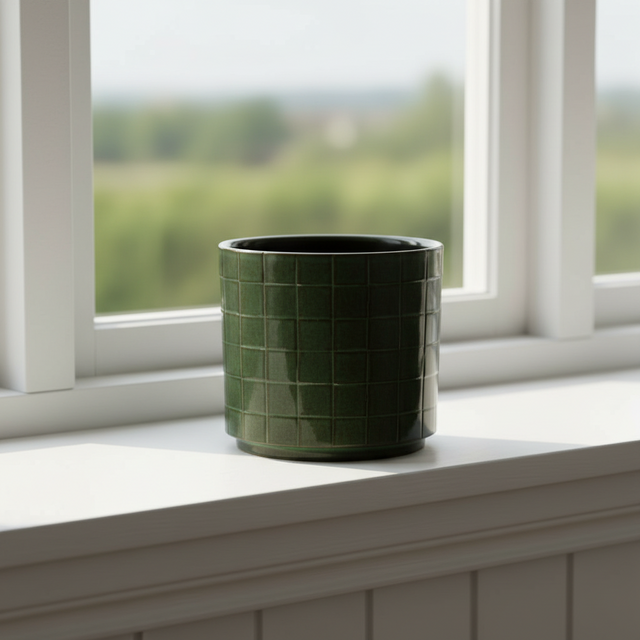 Detaljbilde av firkantet blomsterpotte i grønn keramikk med glatt finish