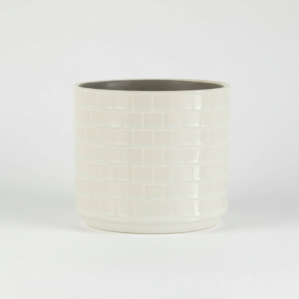 Blomsterpotte firkantet hvit keramikk, 17 cm large potte med glansfinish for innendørs planter