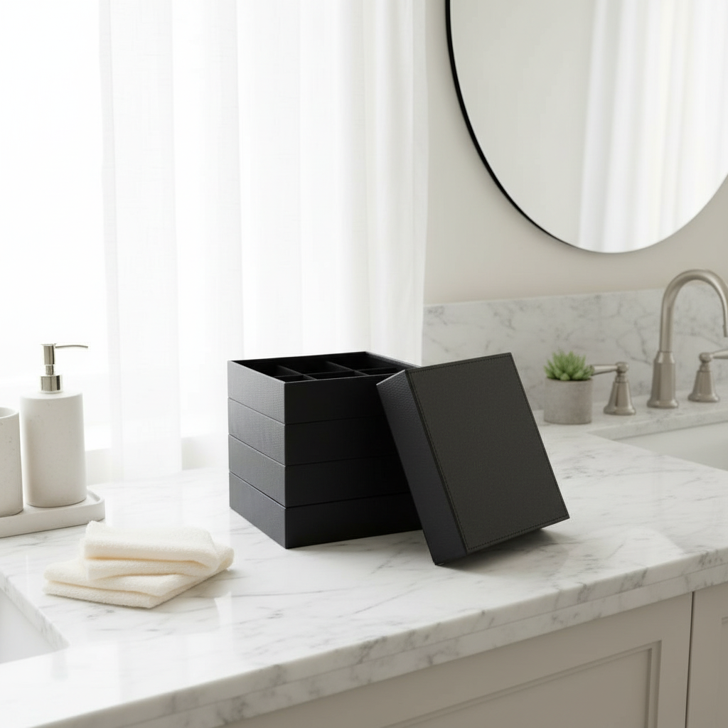 Smykkeboks 4 rom svart kunstskinn, 19x19 cm oppbevaring for ringer og smykker