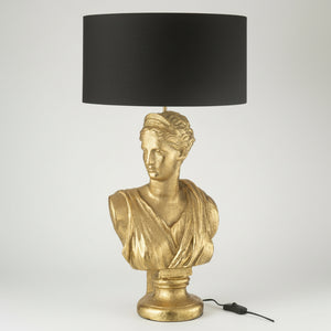 Skulpturlampe Lady Bust i gullfarget resin, statement-piece bordlampe 72 cm