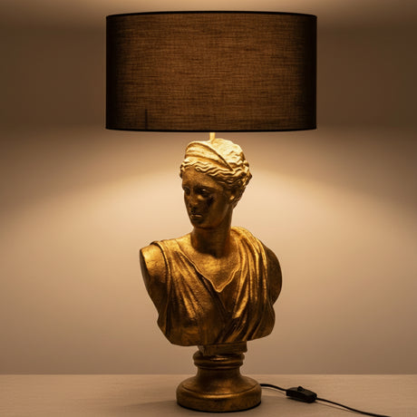 Bordlampe Lady Bust gullfarget resin, 72 cm skulpturlampe med kvinnebyste