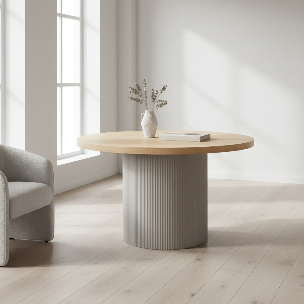 Solva spisebord i naturlig ek, diameter 120 cm med sandfärgad cylindrisk bas - House Nordic

