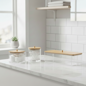 Makeup organizer bundle med bambuslokk og transparent oppbevaring til bad