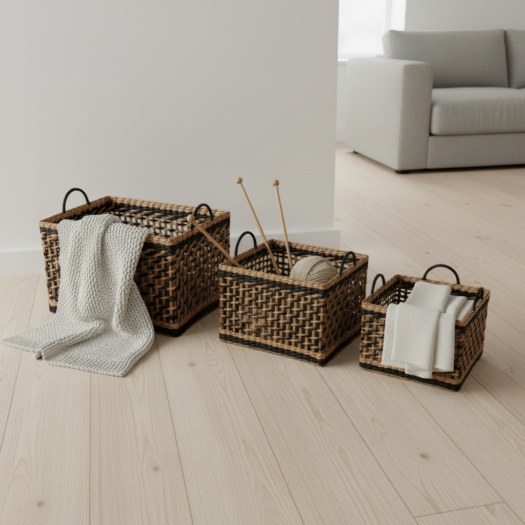 Naturkurver flettet med sorte håndtak - 3 praktiske størrelser
