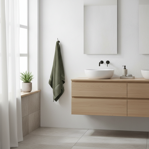 Grønt badehåndkle hengende i moderne skandinavisk bad