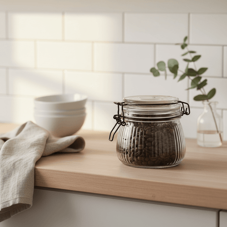 Nærbilde av LFGB-testet silikonring i lokk på stripet glasskrukke