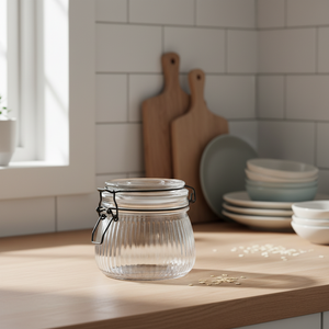 Glasskrukke 11x11 cm fylt med kaffe eller müsli i skandinavisk kjøkken