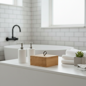 Oppbevaringsboks i FSC-sertifisert bambus 15x15x7cm med skinnstropp - nordisk design