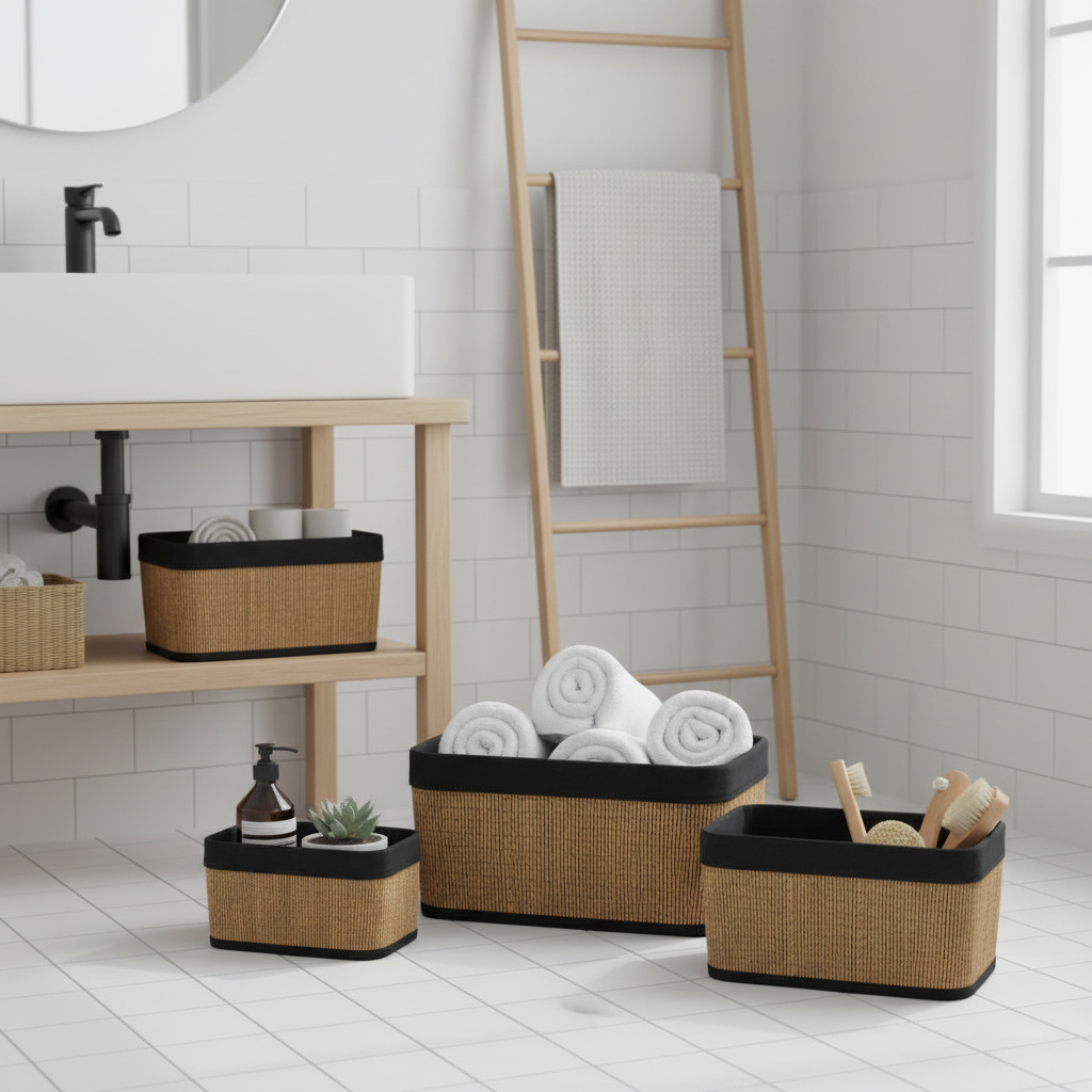 Tre bambuskurver i ulike størrelser 24-34 cm, naturlig oppbevaring med sort lin