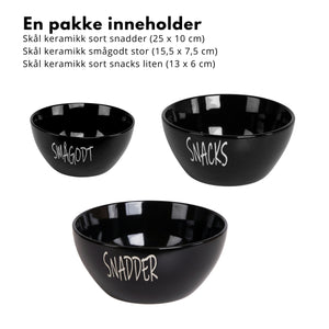 Skålsett i sort keramikk stylet med godis for moderne borddekking