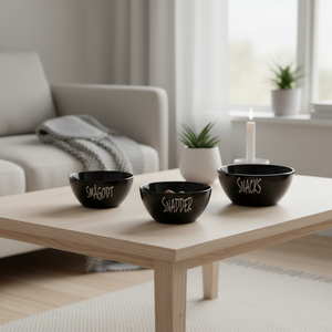 "Skålsett i sort keramikk med tre størrelser for servering og oppbevaring