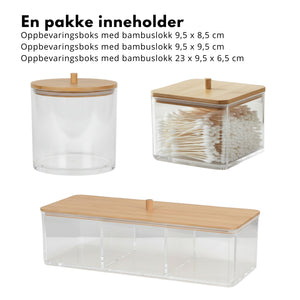 3-pk oppbevaringsbokser akryl med bambuslokk