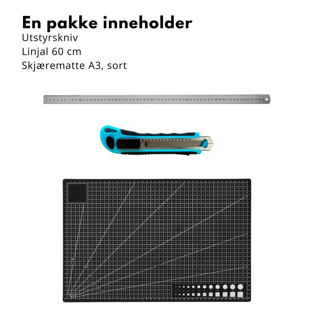 Skæremåtte A3 30x45 cm, sort linjal i rustfrit stål, værktøjskniv og værktøjsæt