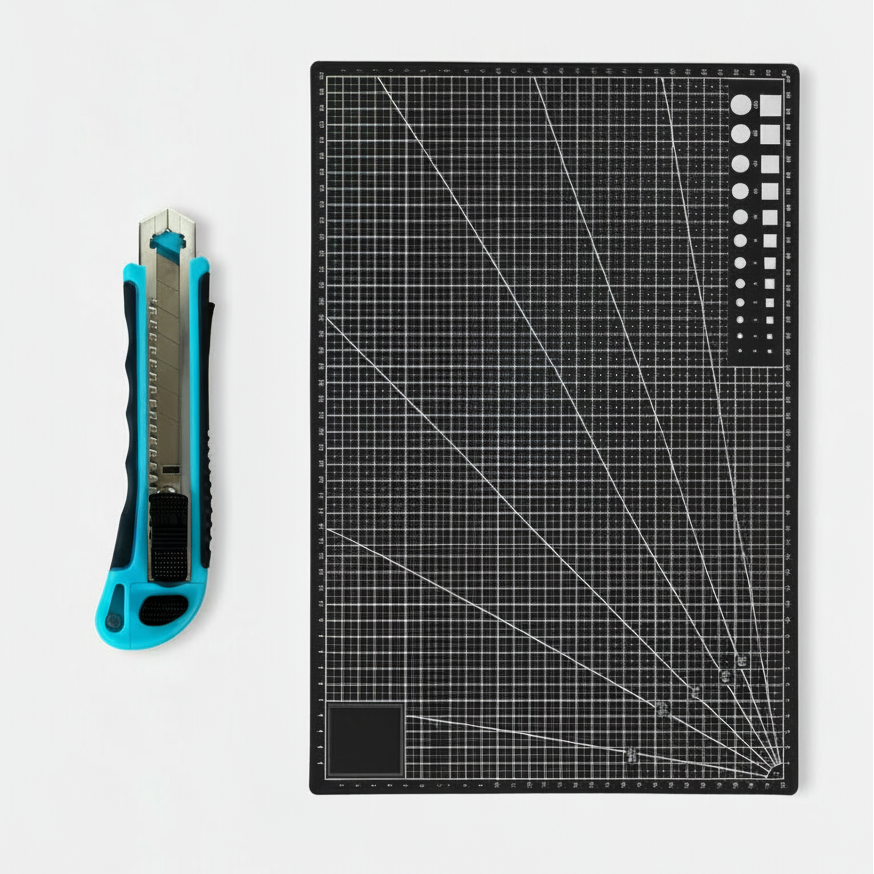 Skjærematte A3 30 x 45 cm sort med utstyrskniv i bruk til å kutte kontaktplast på lyst arbeidsbord.

