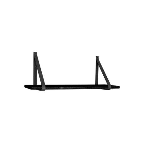 Nærbilde av skinnstropp og feste på Forno hylle, sort skinn og beslag detalj