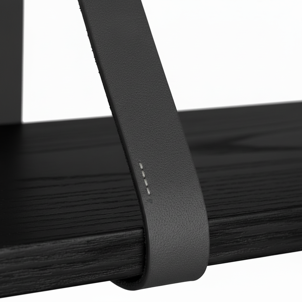 Sort hylle Forno med to sorte skinnstropper og hylleplate, produktbilde isolert på hvit bakgrunn