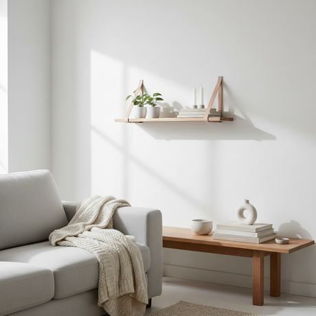 Forno hylle stylet med plante og dekor på grå vegg