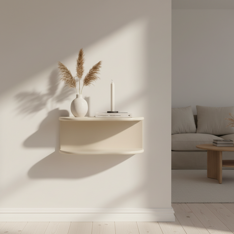 Botta vegghylle beige 44 x 17,5 x 18 cm, produktbilde på lys bakgrunn med avrundet form