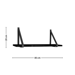 Vegghylle med sorte skinnstropper Forno, vist i rommiljø over møbel med nøytral styling