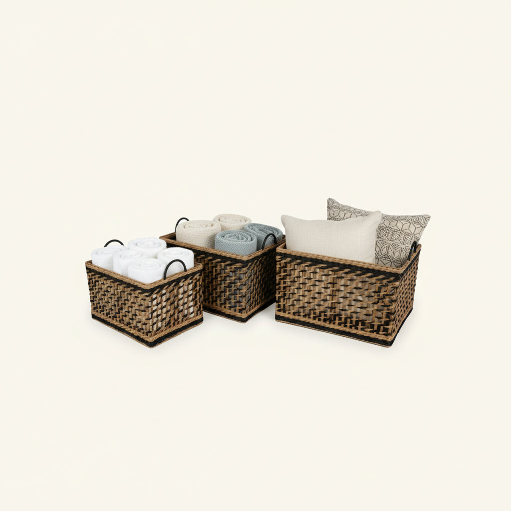 Flettet oppbevaringskurv i natur og sort, tre størrelser, nordisk design