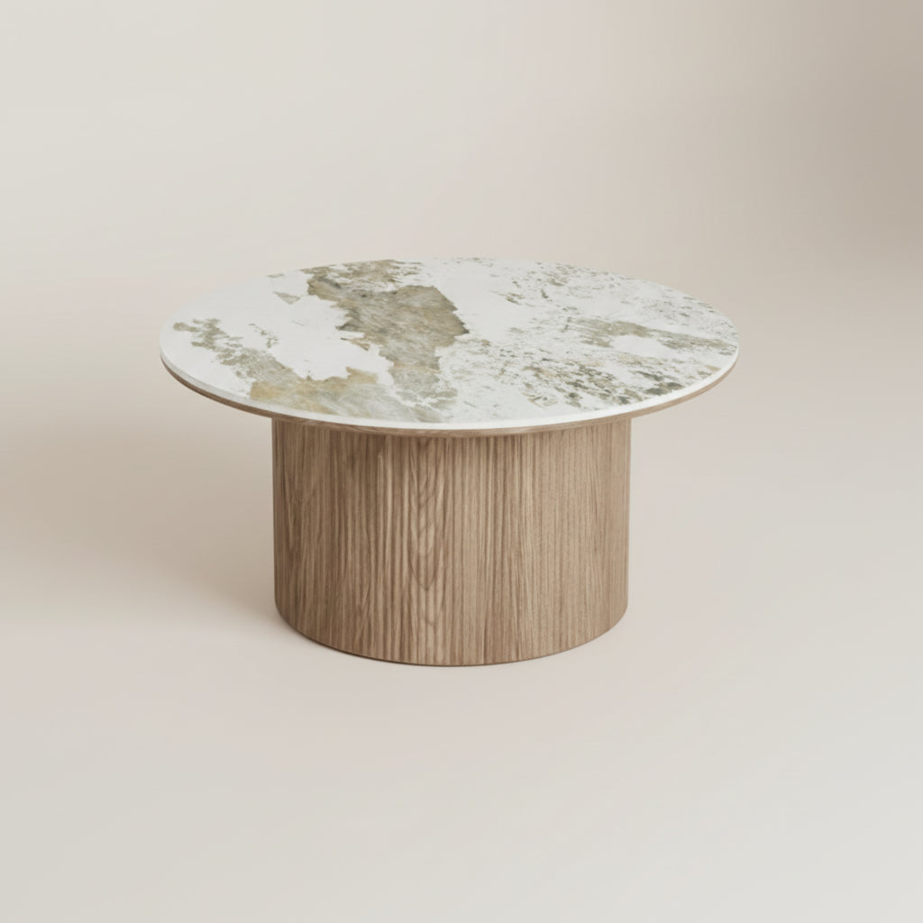 Athens sofabord ø80 cm hvit keramikk med mørk brun base - House Nordic