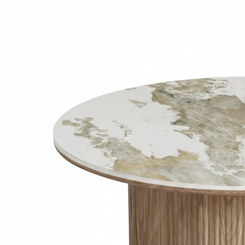 Rundt sofabord Athens 80 cm hvit keramikk og mørk brun base
